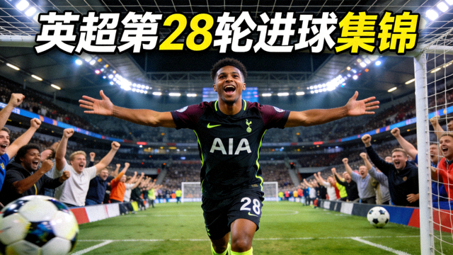 英超第28轮进球集锦封面，球员在球场上庆祝进球